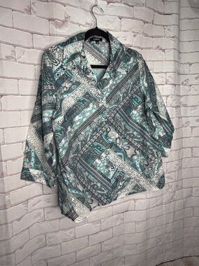 Elementz Paisley Patchwork Button Down Blouse Size L Teal Gray Boho Lightweight